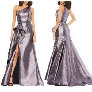 NWOT Mac Duggal One Shoulder Metallic Ruffled Gown, Purple Amethyst, sz 8 589$